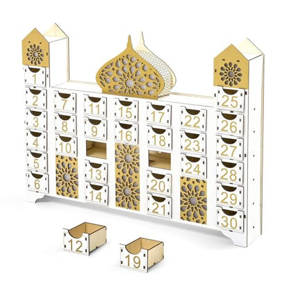 Wooden Ramadan Countdown Calendar, Eid Mubarak Advent Calendar with Drawer, Mosque Shaped Fillable Muslim Ramadan Decoration for Home Holiday Tabletop Decor Gift Party Supply