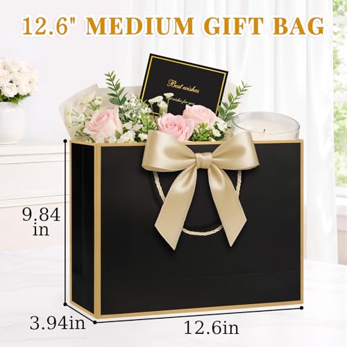 ANZNKU 2PCS Black Medium Gift Bags with Handles 4 Tissue Paper 2 Ribbons 2 Cards, Gift Wrap Bags Set for Women & Men Birthday Graduation Wedding Engagement Bridal & Baby Shower Presents Party Favors - color: Luxury Black