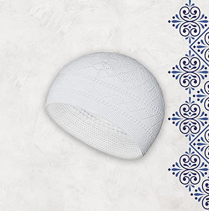 ESERRA Kufi Hats for Men - Prayer Cap, Handicraft Taqiyah, Muslim Tasbih 99 Beads, Prayer Beads - color: White Black Grey and Green