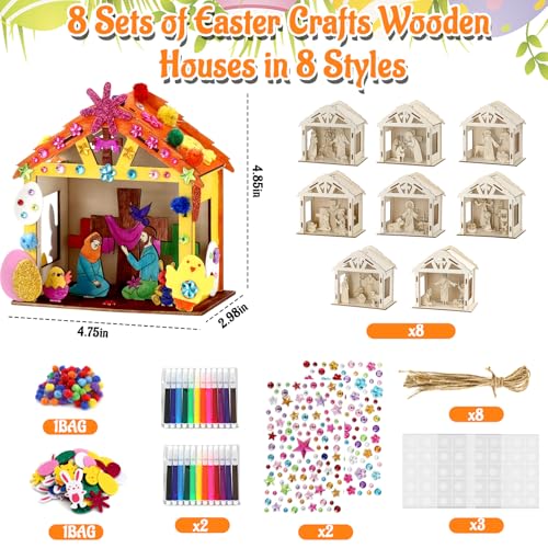 8Pcs Christian Easter Crafts Wooden House for Boy Girl & Adult, Religious Easter Activities DIY Kit with Jesus He Is Risen Egg Bunny, Spring Bible Art Gift for Basket Stuffers Party Favors Decor Bulk - style: Christian Easter