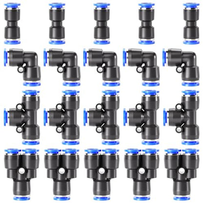 TAILONZ PNEUMATIC 12mm od Push to Connect Fittings Pneumatic Fittings Kit 5 Spliters+5 Elbows+5 tee+5 Straight (20 pcs) - color: Blue, size: 12MM OD/20PCS