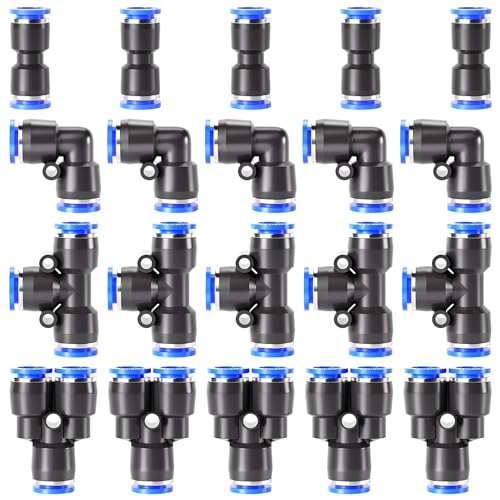 TAILONZ PNEUMATIC 1/2 Inch od Push to Connect Fittings Pneumatic Fittings kit 5 Spliters+5 Elbows+5 tee+5 Straight (20 pcs) - color: Blue, size: 1/2"OD/20PCS