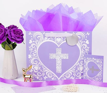 JWSCYSY 12.6" Large Purple Gift Bag with Metallic Silver Floral Cross Design, Card and Tissue Paper for Baby Girl Baptisms, Christenings, First Communions Religious - color: Purple 12.6"