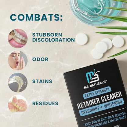 Overnight + Whitening Retainer Cleaner, Remove Stains, Discoloration, and Plaque | 4 Month Supply | Denture Cleanser with Whitening Boost,120 Tablets by M3 Naturals (Pack of 2) - size: 120 Count (Pack of 2)