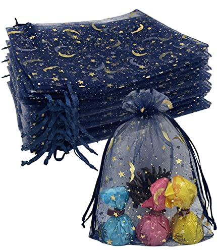 Jexila 100PCS Navy Blue Organza Bags 4X6 with Moon Stars Drawstring Gift Bags Small Mesh Bag for Wedding Party Favor Candy Bags - color: Navy Blue Moon Star