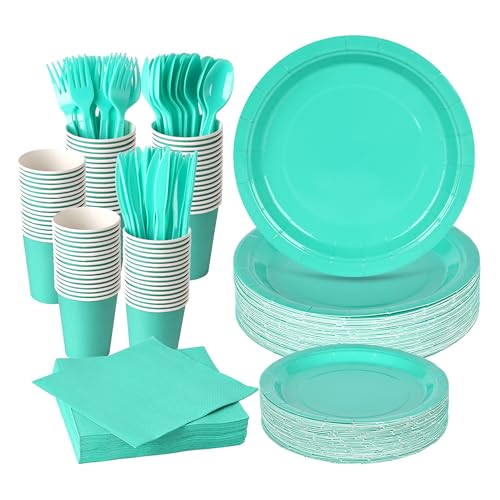 350 Pcs Teal Blue Disposable Plates and Napkins Tableware Set for 50 Guests - color: Teal Blue