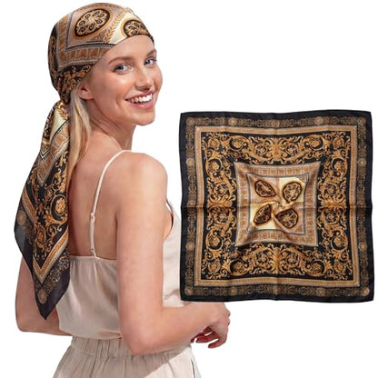 RIIQIICHY Head Scarf for Women Like Silk Satin Scarf for Hair Wrapping at Night Bandana Square Scarf for Sleeping 35 Inch - color: Black Gold Baroque