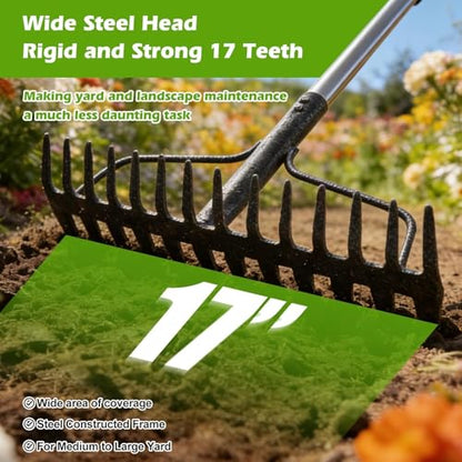 Bow Rake,Heavy Duty Metal Garden Rake for Moving Gravel Loosening Soil Leveling Ground Gathering Leaf Debris Spreading Mulch, 17 Tines,Adjustable Handle, for Lawn Garden Farm Landscape Work (77") - style: 77"