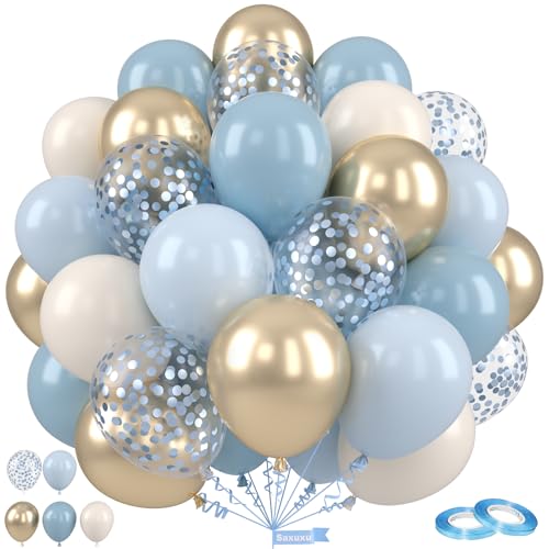 Dusty Blue and Gold Balloons, 12 Inch Blue Gold Balloons, Retro Fog Blue Metallic Golden White Confetti Balloons Latex Balloon for Wedding Baby Shower Gender Reveal Birthday Party Decoration - color: Dusty Blue Gold, size: 50 Pcs