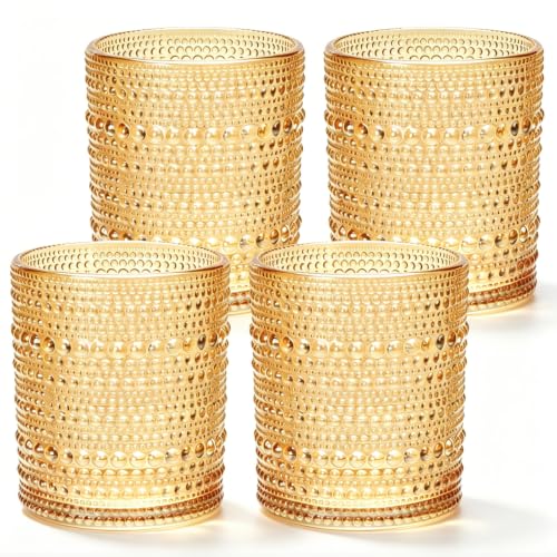Flrolove Hobnail Drinking Glasses Set of 4, 10oz Amber Vintage Glasses | Cocktail Glasses, Vintage Glasses Drinking Set, Mixed Drinkware Set Vintage Glassware Set for Juice, Cocktail, Whisky, Soda