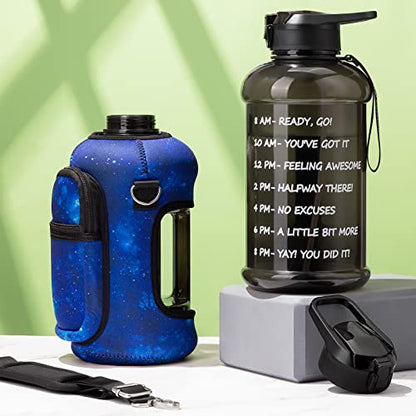Fimibuke Half Gallon Water Bottle with Sleeve 64 OZ Water Bottle with Handle & Straw Leakproof Motivational Sports Gym Water Bottle with Time Marker BPA Free Water Jug with Reusable Neoprene Holder - color: C9.Galaxy