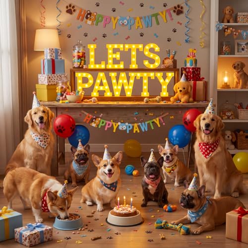 Honoson 9 Pcs Dog Cat Birthday Party Decorations LED Lets Pawty Sign - color: Yellow, style: Lets Pawty