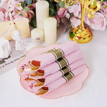 Supernal Gold Plastic Silverware Set with Pre Rolled Pink Napkin-Disposable Cutlery with Pink Linen Napkin Gold, Wrapped Plastic Silverware Heavy Duty Suit for Birthdays, Parties, Weddings 30Packs - color: Pink and Gold, size: 30 Pack
