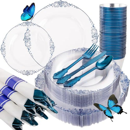 Hioasis 175pcs Clear and Blue Plates - Blue Party Plates for 25 Guest, Include 50 Heavy-duty Plates(20% Thicker Than Standard), 25 Pre Rolled Gold Plastic Silverware Set, 25 Cups for Graduation - color: Clear and Blue