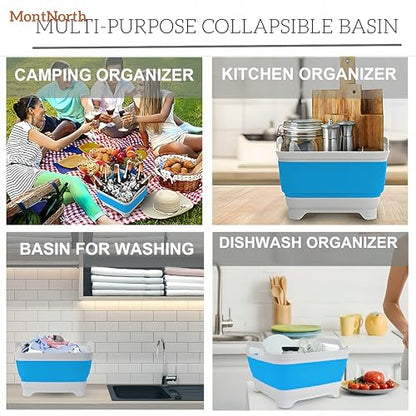 Collapsible Wash Basin 9L, Foldable Dish Tub with Drain Plug, Portable Collapsible Dish Basin, Camping Sink for Washing Dishes, Laundry & Kitchen Use (Blue) - color: Blue - Set of 1