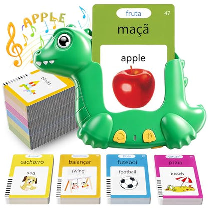 Portuguese and English Talking Flash Cards for Kids, 510 Sight Words Bilingual Learning Toys for Toddlers, Brazilian Portuguese Alphabet Flashcards Pocket Speech Therapy Toys, Dinosaur Shaped - size: 510-Portuguese&English