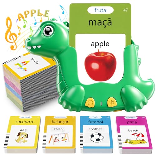 Portuguese and English Talking Flash Cards for Kids, 510 Sight Words Bilingual Learning Toys for Toddlers, Brazilian Portuguese Alphabet Flashcards Pocket Speech Therapy Toys, Dinosaur Shaped - size: 510-Portuguese&English