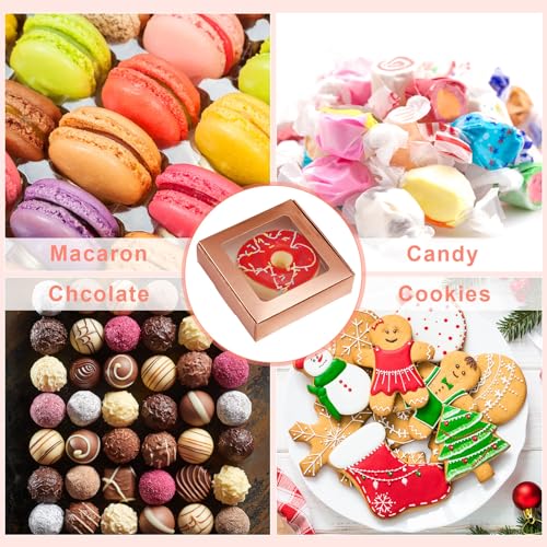 Zonon 30 Pcs Kraft Paper Boxes with Window 4.13 x 4.13 x 1.18 Inch Candy Packaging, Small Gift Boxes, Soap holder, Mini Treat Packaging for Bakery Chocolate Jewelry Display (Rose Gold) - color: Rose Gold