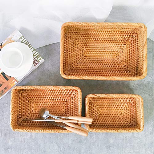 Handmade Rectangle Wicker Fruit Box Rattan Tray Magazine Organizer and Small Objects Container Serving Basket (3-Size/Kit) - size: 3-Size/Kit