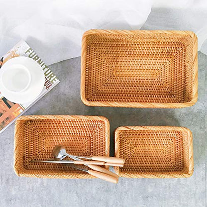 Handmade Rectangle Wicker Fruit Box Rattan Tray Magazine Organizer and Small Objects Container Serving Basket (3-Size/Kit) - size: 3-Size/Kit