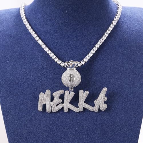 Lulu Mel Iced Out Personalized Cursive Name Necklace For Trendy Women, Custom Handmade Nameplate Pendant With Cuban Link Chain, White Gold Plated Hip Hop CZ Diamond Jewelry Gifts - color: Silver/Money Bag Bail