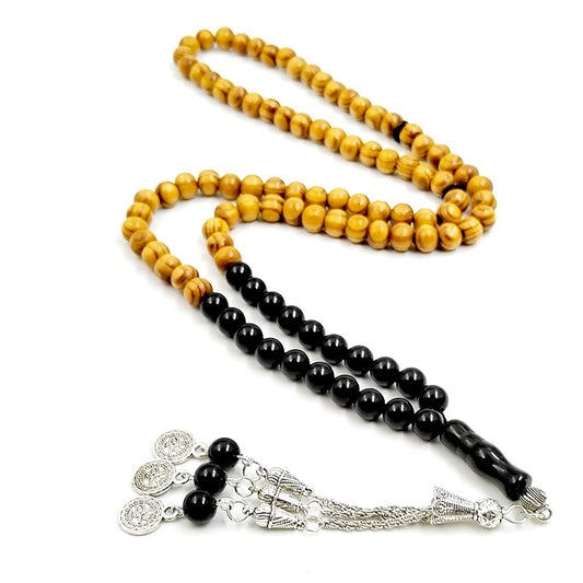 ALBASHAN Tasbih men Natural Beech Wood with Onyx 99/100 Beads misbaha Muslim Prayer Beads Ramadan Eid Gift - size: 8mm x 99 beads
