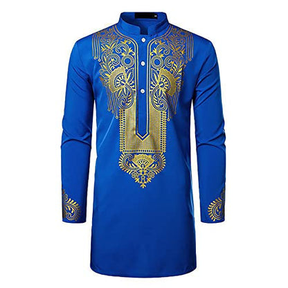 Kurta for Men Muslim Kaftan Button Up Henley Shirts Casual Ethnic Printed Long Sleeve Thobe Caftans Robes - color: Blue, size: Small