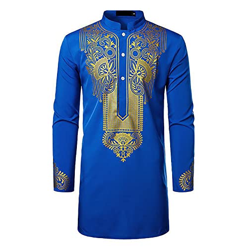 Kurta for Men Muslim Kaftan Button Up Henley Shirts Casual Ethnic Printed Long Sleeve Thobe Caftans Robes - color: Blue, size: Large