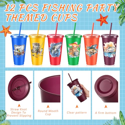 Chuangdi 12 Pcs Fishing Cups with Lid Straw 24oz Party Decorations, Fishing | Reusable Plastic Fishing Tumblers with Lid and Straw, Fishing Birthday Party Decorations, Fishing Gift for Fathers Men - style: Fishing