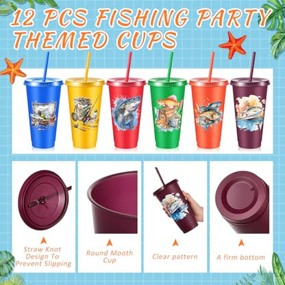 Chuangdi 12 Pcs Fishing Cups with Lid Straw 24oz Party Decorations, Fishing | Reusable Plastic Fishing Tumblers with Lid and Straw, Fishing Birthday Party Decorations, Fishing Gift for Fathers Men - style: Fishing
