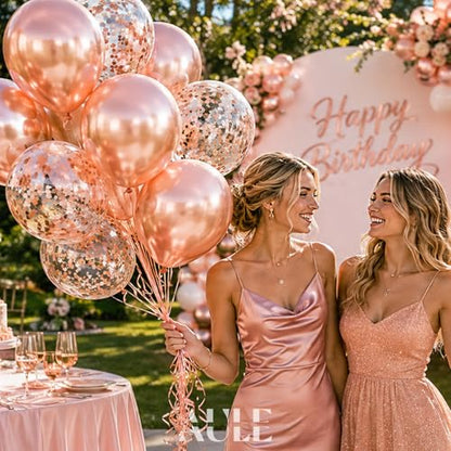 AULE Party Balloons Pack of 42 - Metallic Chrome Rose Gold Balloons and Rose Gold Confetti Latex Helium Balloons With 64ft Ribbons - 12 Inch Balloon Decoration Kit - color: Rose Gold