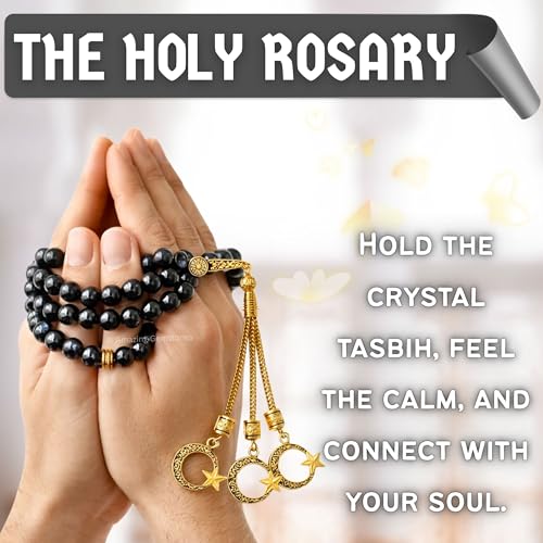 Amazing Gemstone Crystal Tasbeeh with Moon and Star Charm - Certified Crystal Muslim Prayer Beads Natural Gemstone Tasbih Gift for Ramadan Dhikr and Daily Namaz (G) - color: Black Banded Agate