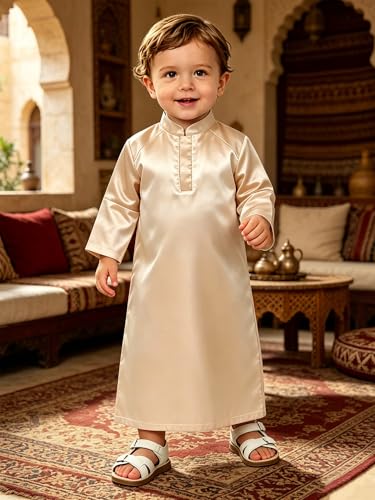 FEESHOW Little Boys Arabic Muslim Thobe Toddler Baby Kaftan Robe Islamic Traditional Festival Party Wear - color: Champagne, size: 0-3 Months