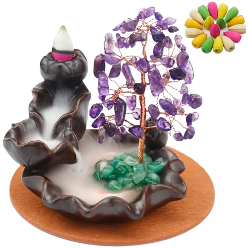 Ceramic Waterfall Incense Burner, Money Tree Backflow Holder Healing Crystal Stone, with 30 Cones + Stick for Yoga Meditation Home Zen Decoration(Amethyst) - color: Amethyst