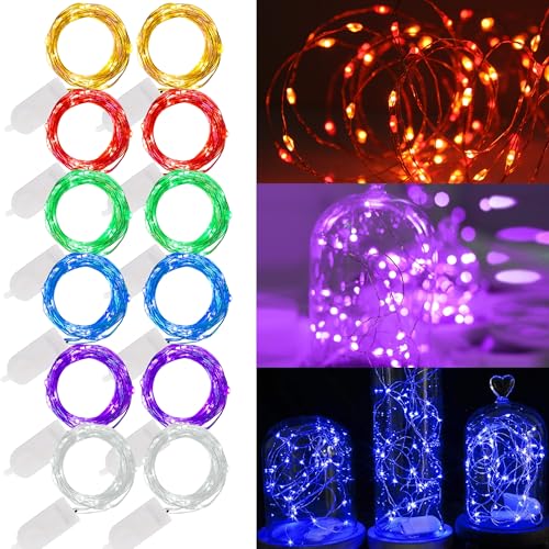 WATERGLIDE 12 Pack Fairy Lights Battery Operated (Included), 7 ft 20 LED Mini String Lights, Waterproof Silver Wire Firefly Starry Lights for DIY Wedding Christmas Party Mason Jars Decor, Multicolor - color: 6 Colors