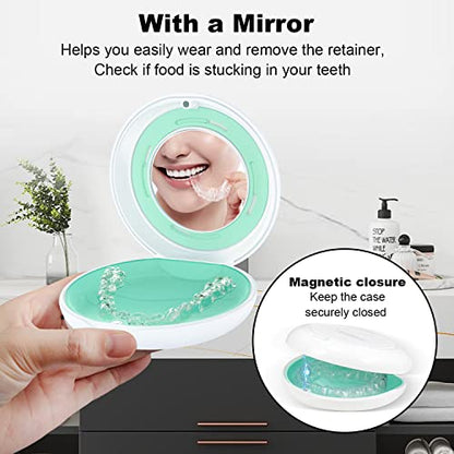 2PCS Retainer Case with Mirror and Adjustable Vent Holes, Cute Slim Aligner Case Compatible with Invisalign, Night Mouth Guard Case, With Retainer Remover Tool, Chew & Brush, White+Pink - color: Round: White+Pink