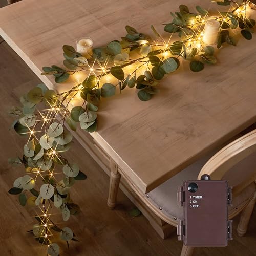 Hairui Lighted Artificial Eucalyptus Garland 6FT 96 LED Battery Operated Faux Vine Lights with Timer for Spring Wedding Backdrop Wall Decor - color: EUCALYPTUS