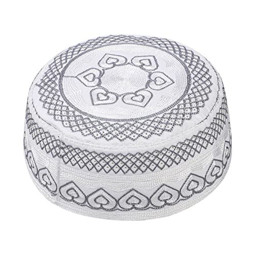 Muslim Prayer Kufi Hat for Men Boys Islamic Beanie Skull Cap Prayer Headwear Embroidery Kofia Topi Sun Hat Ramadan Eid Gift - color: Grey, Heart Embroidery