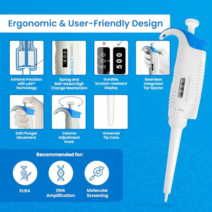 Single-Channel Micropipette, Adjustable Volume (1-10µL) | Accurate & Calibrated Lab Pipette, Compatible with Microlit 10µL Pipette Tips - size: 1-10µL, style: Single-Channel