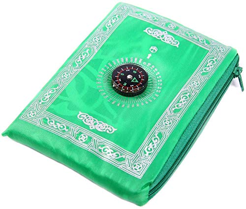 Islamic Muslim Rug Travel Prayer || Mat with compass Pocket Sized Carry Bag Cover 4x5inch || Mat 60x100cm || 4 Color Choice (Green | Black | Red | Blue)