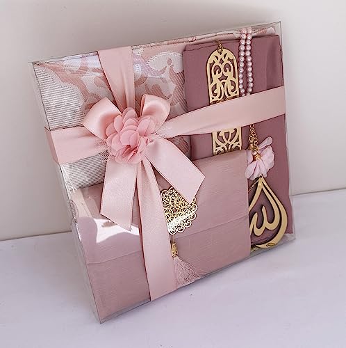 SAIKA Muslim Prayer Rug, 7 in One Gift Set, Prayer Mat Surah Book, Tasbeeh, Scarf, Surah Case, Bookmark, Car Mirror Hanger, Prayer Beads,Islamic Gift for Umrah, Hajj, Wedding, Janamaz (Rose) - color: Rose