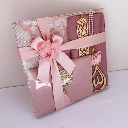 SAIKA Muslim Prayer Rug, 7 in One Gift Set, Prayer Mat Surah Book, Tasbeeh, Scarf, Surah Case, Bookmark, Car Mirror Hanger, Prayer Beads,Islamic Gift for Umrah, Hajj, Wedding, Janamaz (Rose) - color: Rose