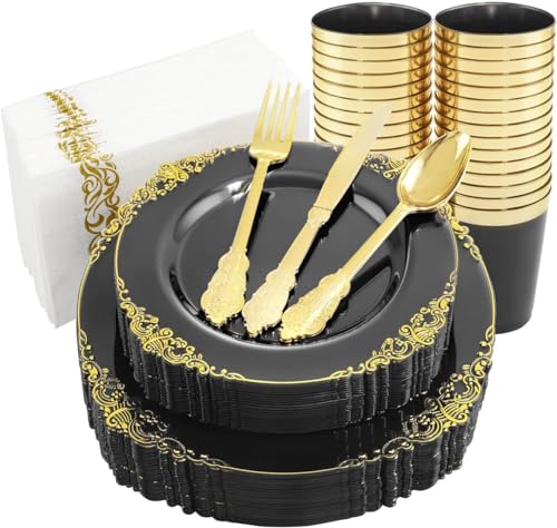 Nervure 175Pcs Black Plastic Plates, Plastic Dinnerware Set for 25 Guests - color: Black, style: 175Pcs(25Guests)