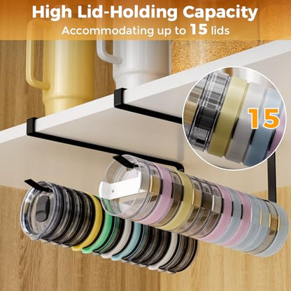 Quehun Tumbler Lid Organizers, Ample Lid Capacity Up to 15 Lids, No Adhesive No Drill Tumbler Lid Organizer Holder Inside Cabinet, Space-Saving Tumbler Cup Lid Holder Organizer