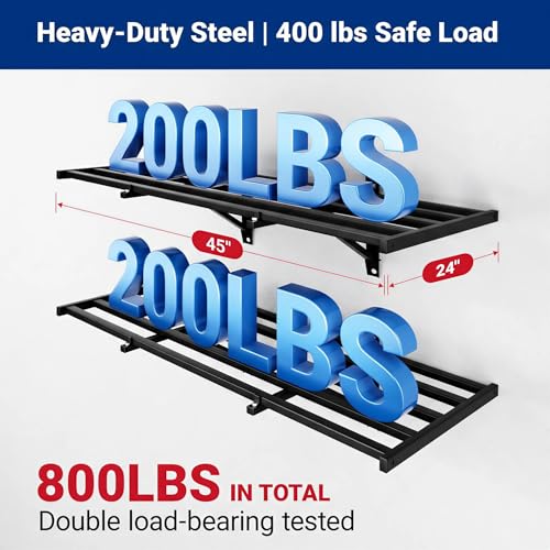 FLEXIMOUNTS 2x4ft Heavy Duty Garage Wall Shelving, 4-Pack Garage Shelving Wall Mounted with 8 Hooks, 400lbs Capacity, Storage for Power Tools, Garden Supplies, Storage Bins, Lite Series - size: 4pack 2x4ft w/ 16 hooks-800lbs