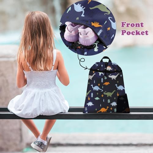 Funny Dinosaur Drawstring Backpack, 15” x 17” Waterproof Swim Bag for Beach Swimming Pool, Lightweight Foldable Gym Bag with Water Bottle Holder for Sports Travel - color: Funny Dinosaurs