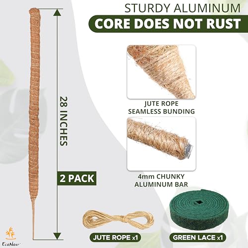 EcoNour 2 Pack Moss Poles for Plants – 28" Monstera Plant Support Stakes, Coir Plant Sticks for Indoor Climbing Plants, Pothos, Philodendron & Houseplants - size: 28 Inches - (2 PCS)