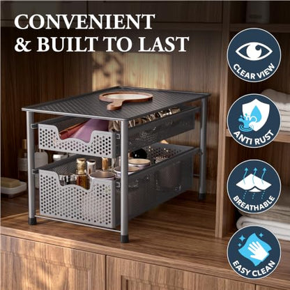Simple Houseware Stackable 2 Tier Sliding Basket Organizer Drawer, Silver - color: Silver, size: 2-Tier