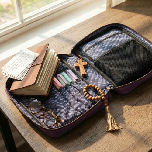 LEATHER VILLAGE Large Leather Bible Cover with Carry Handle & Zipper Purple | Bible Case Fits Standard, Large & Study Bibles up to 10.5 x 8 x 2.5 In, Ideal for men, women, Church & Travel, Handmade