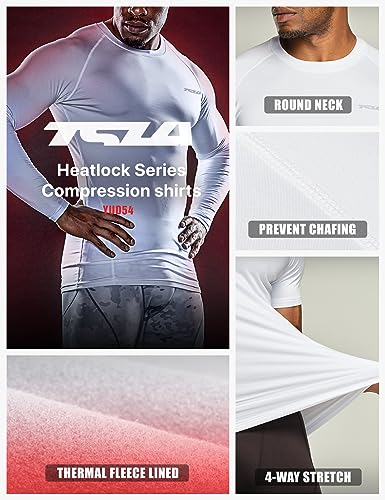 TSLA Men's Thermal Long Sleeve Compression Shirts, Athletic Base Layer Top, Winter Gear Running T-Shirt - color: Heatlock Round Neck White, size: Medium
